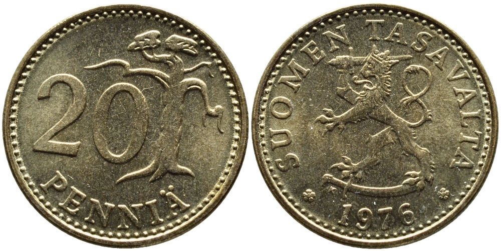 ФИНЛЯНДИЯ 20 ПЕННИ 1976 K KM 47 алюминиевая бронза 36-1257