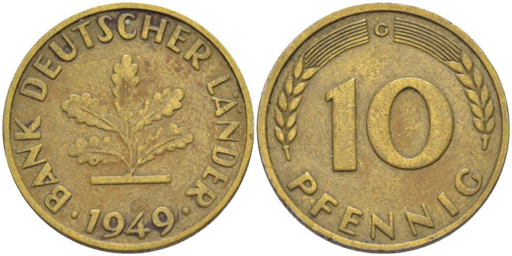 ФРГ 10 ПФЕННИГОВ 1949 G KM 103, J.378 сталь плакированная латунью 113-1041