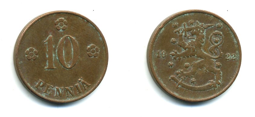 Финляндия 10 пенни 1922 республика (1918-1962) KM 24 медь 46-559