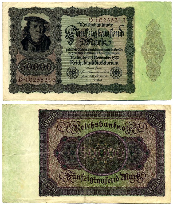 Германия 50000 марок 1922 19 ноября 1922, выпуск (ФЕВРАЛЬ 1923-5 июля 1925), номер восьмизначный, серия D 10255213 Pick 80, Роземберг 78 бумага 2194-7-1-1