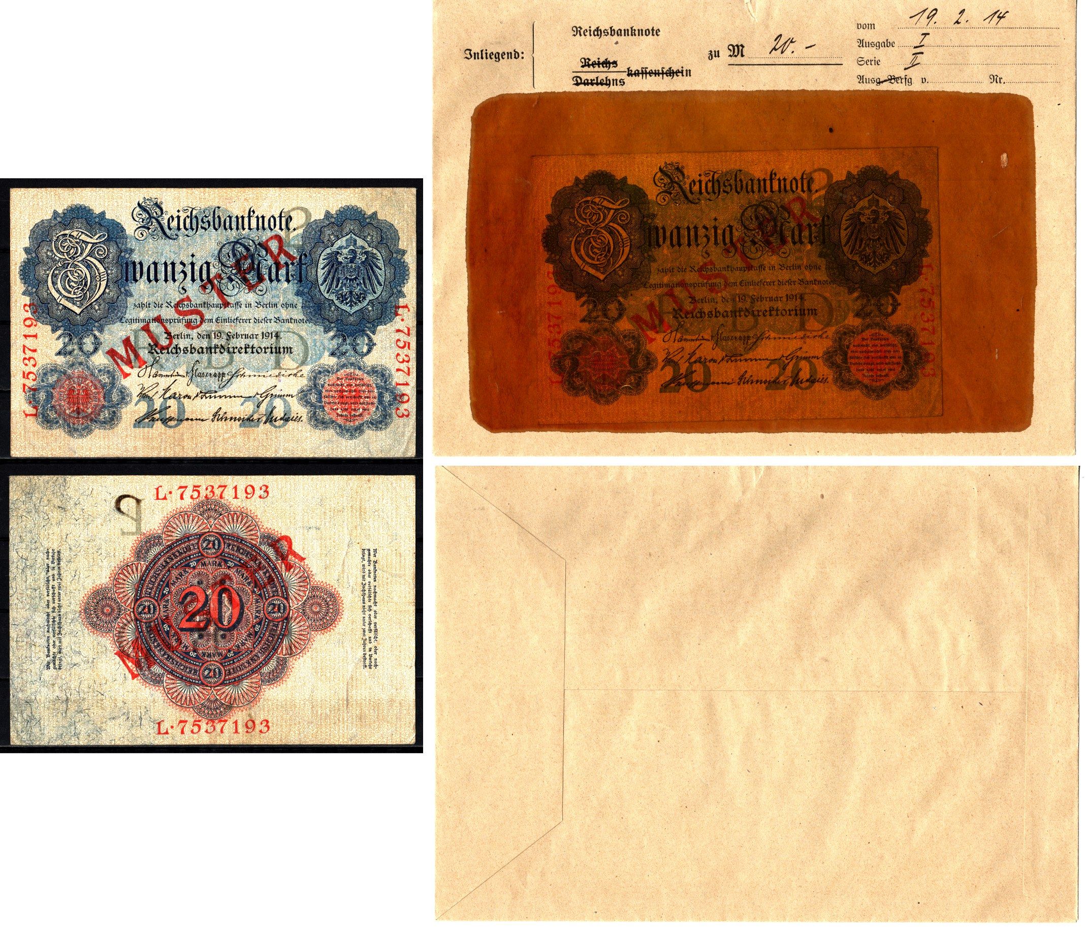 Германия 20 марок 1914 19 февраля, MUSTER, образец, Specimen. В оригинальном банковском конверте. Из коллекции Отто Сейфферта (помощник Ялмара Шахта - министра экономики Германии и президента Рейхсбанка времен третьего рейха) Pick 46 s, Grabowski DEU 41 b