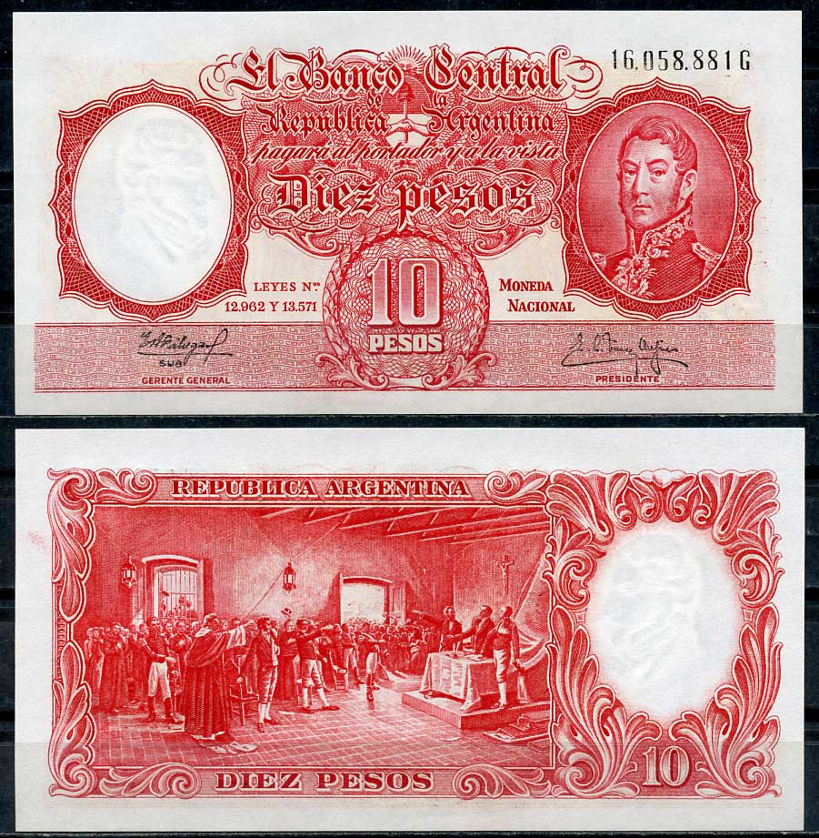 Аргентина 10 песо ND (1961) Генерал Сан Мартин (1778-1850), декларация независимости, Fabregas, Delfino Pick 270 (9)  бумага   447-70-8-3