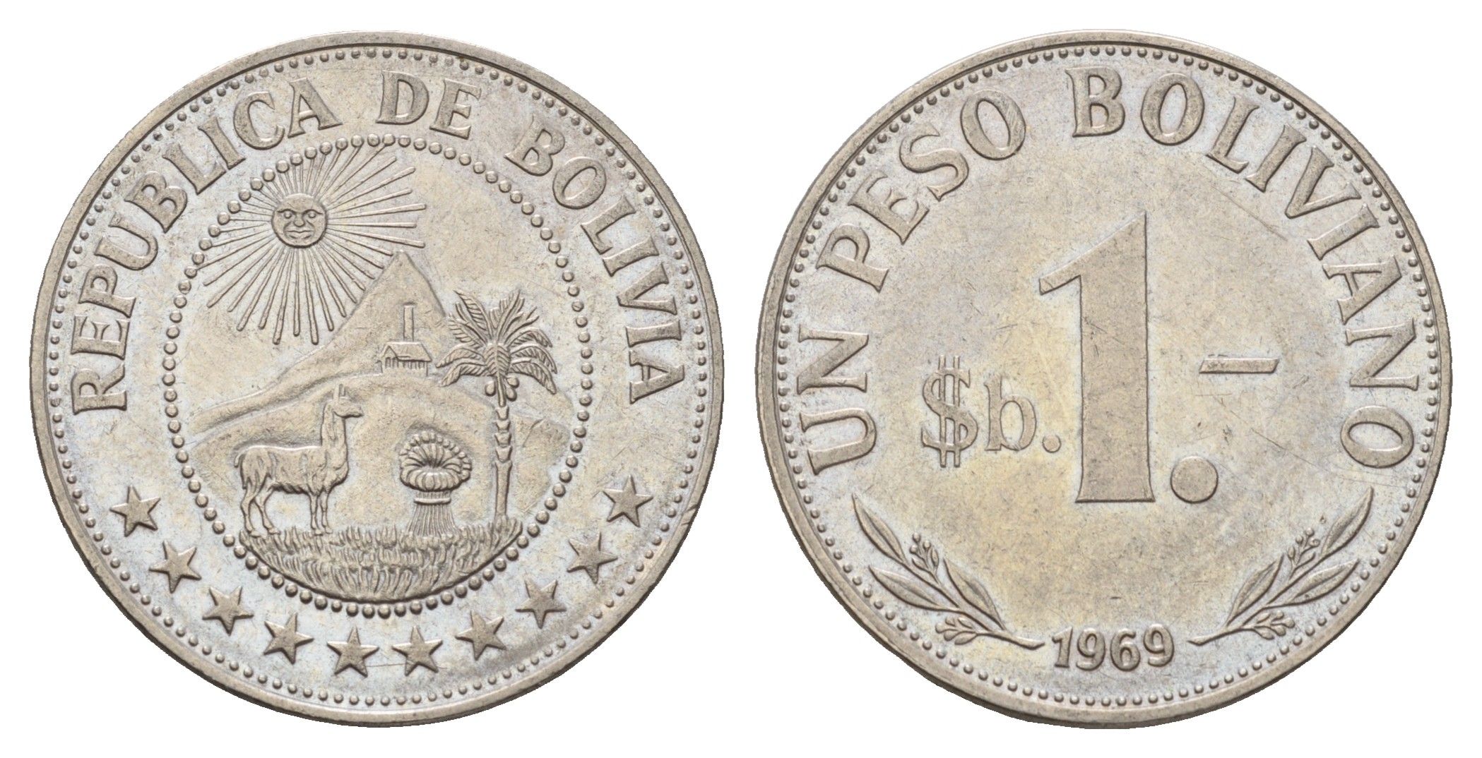 Боливия 1 песо 1969 KM 192 сталь плакированная никелем 4114-1114