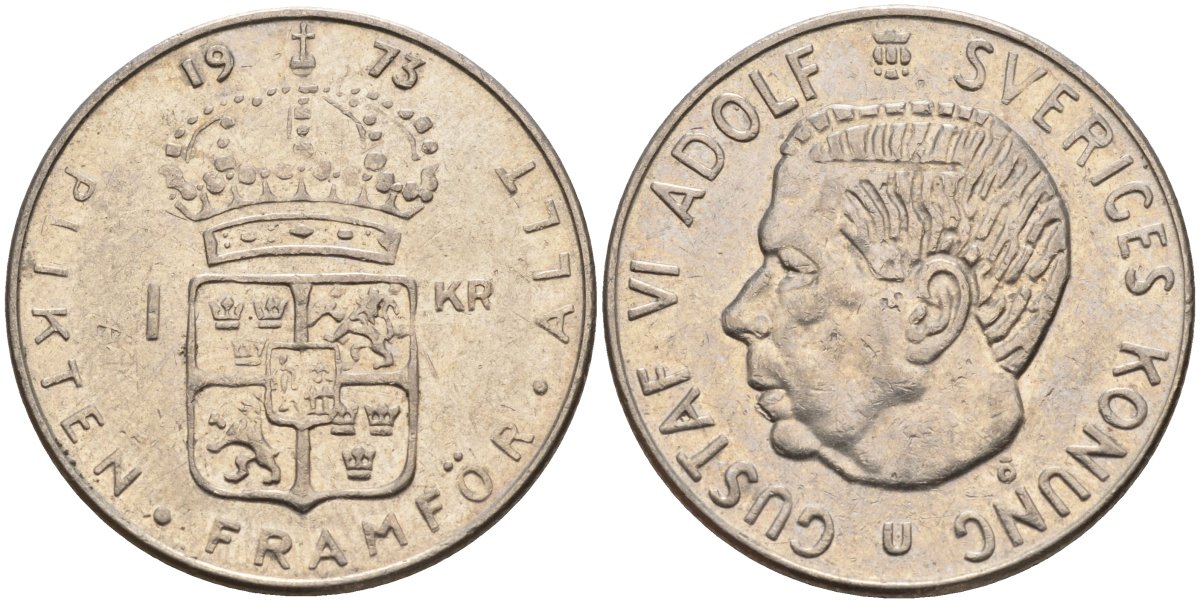 Швеция 1 крона 1973 U, Густав VI Адольф (1950-1973) KM 826a медь плакированный медно-никелем 4150-411