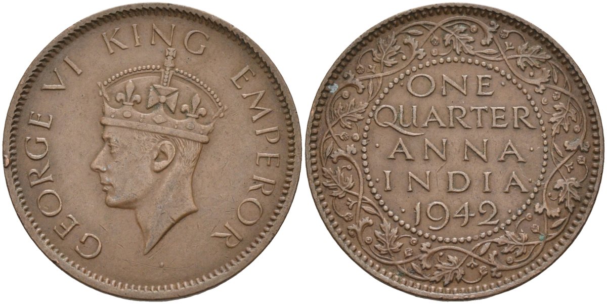 Британская Индия 1/4 анна 1942 Георг VI (1937-1952) KM 531 бронза 4584-225
