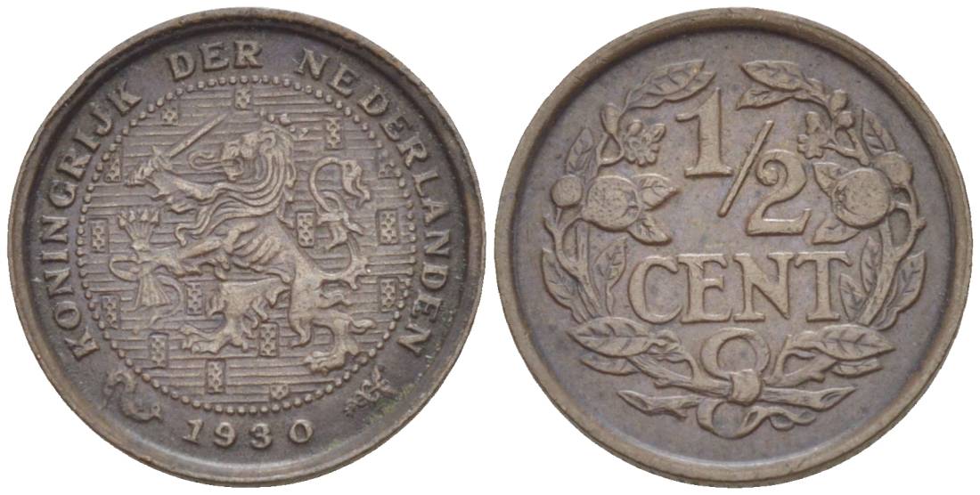 НИДЕРЛАНДЫ 1/2 ЦЕНТА 1930 ВИЛЬГЕЛЬМИНА I (1891-1948) KM 138 бронза 4547-1248