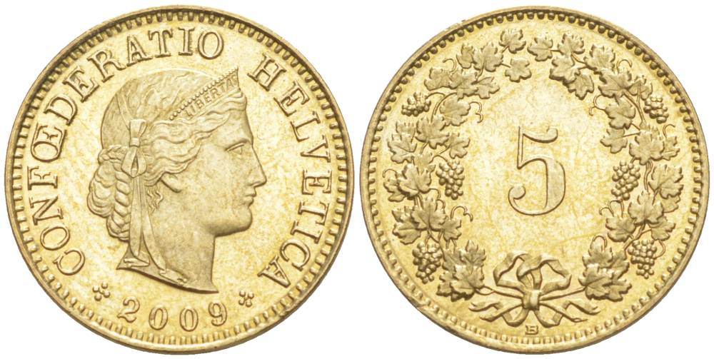 ШВЕЙЦАРИЯ 5 РАППЕНОВ 2009 В KM 26с алюминий латунь 4181-859