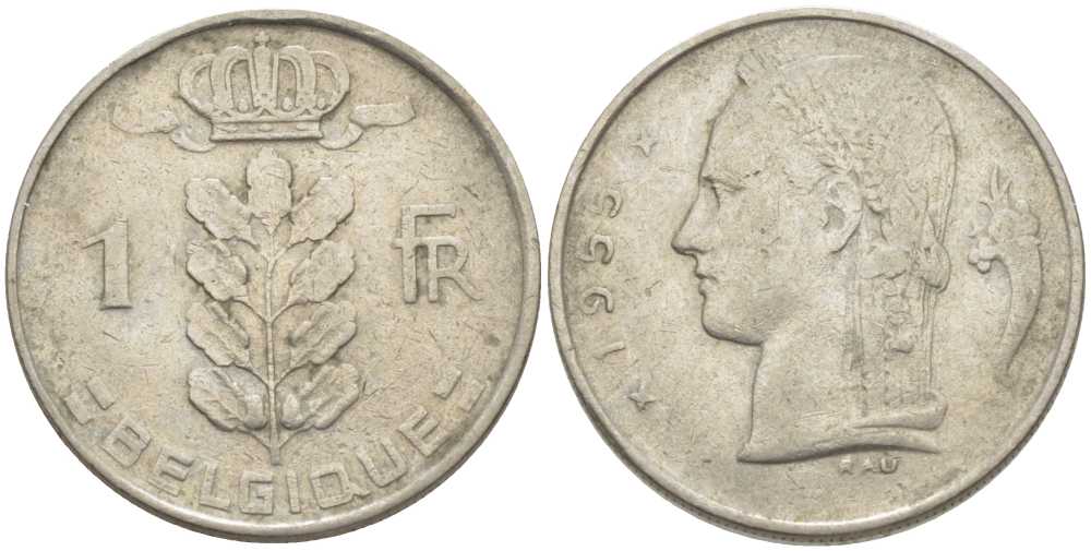 БЕЛЬГИЯ 1 ФРАНК 1955 BELGIQUE, БОДУЭН I (1951-1993) KM 142.1 медно-никель 119-443