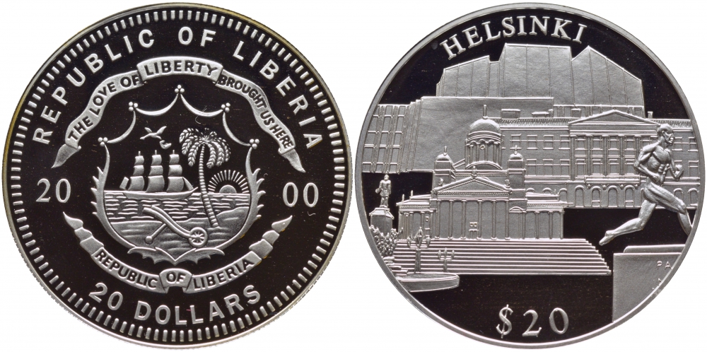 Либерия 20 долларов 2000 серия памятники архитектуры, Хельсинки серебро PROOF 11-145-42