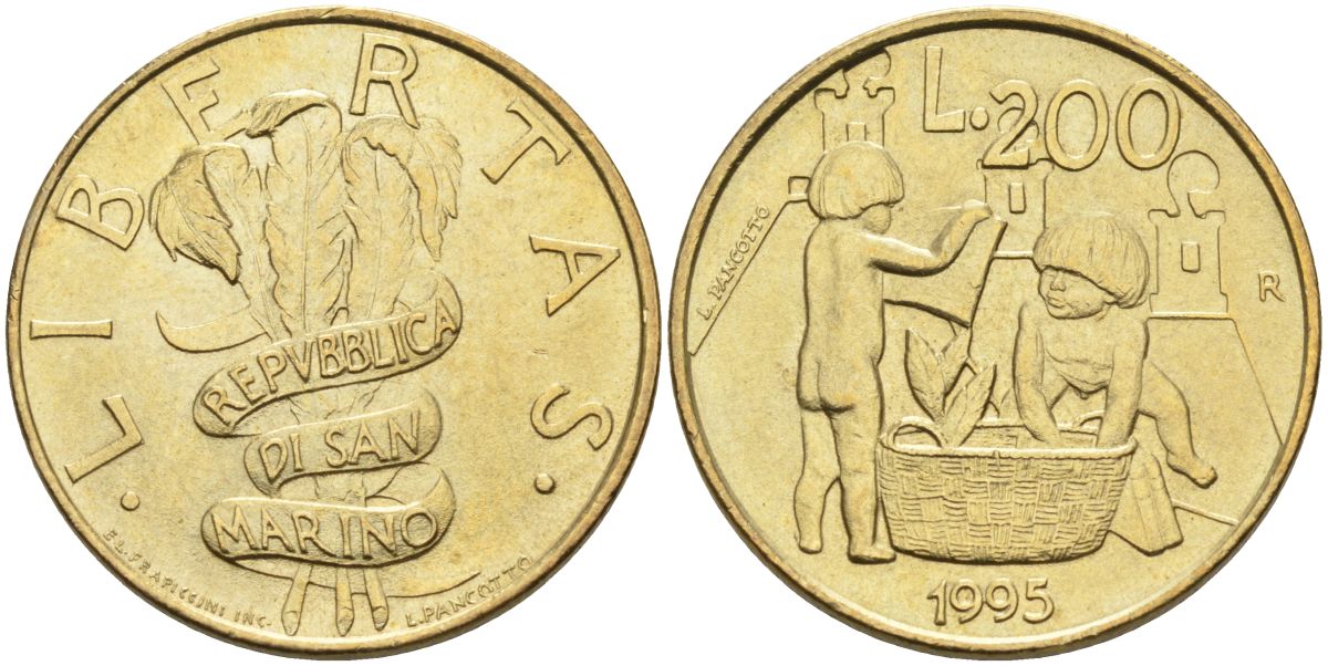 Сан-Марино 200 лир 1995 двое детей играют KM 329 алюминиевая бронза 4126-136