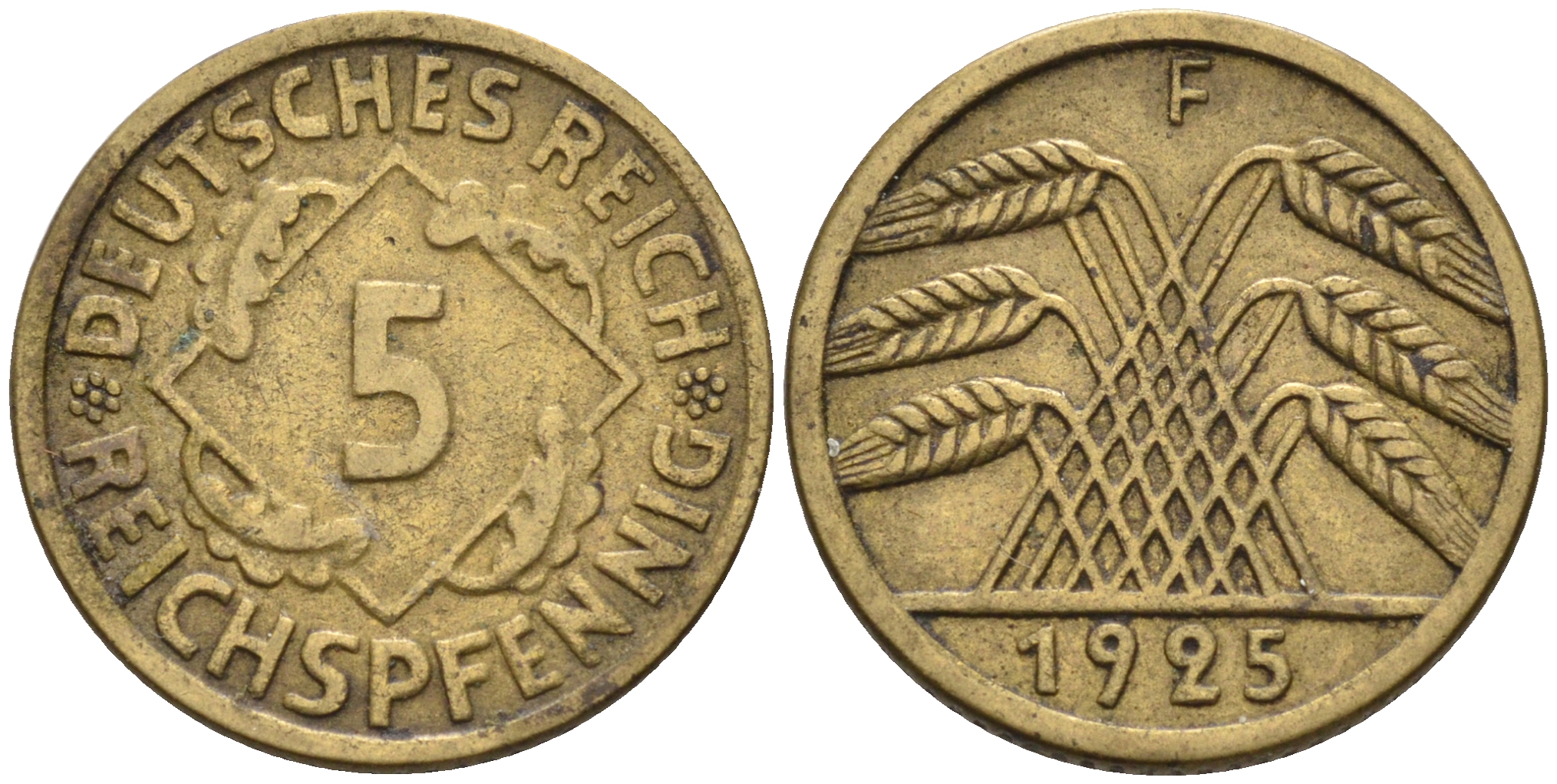 Германия 5 рейхспфеннигов 1925 F KM 39, J. 316 алюминиевая бронза    4594-1119