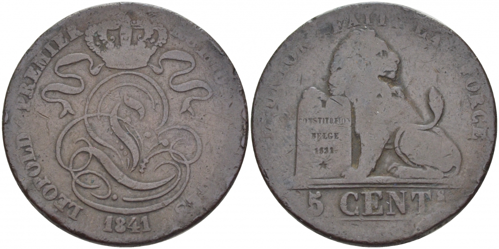 БЕЛЬГИЯ 5 САНТИМОВ 1841 BELGES KM 5.1 медь 110-217