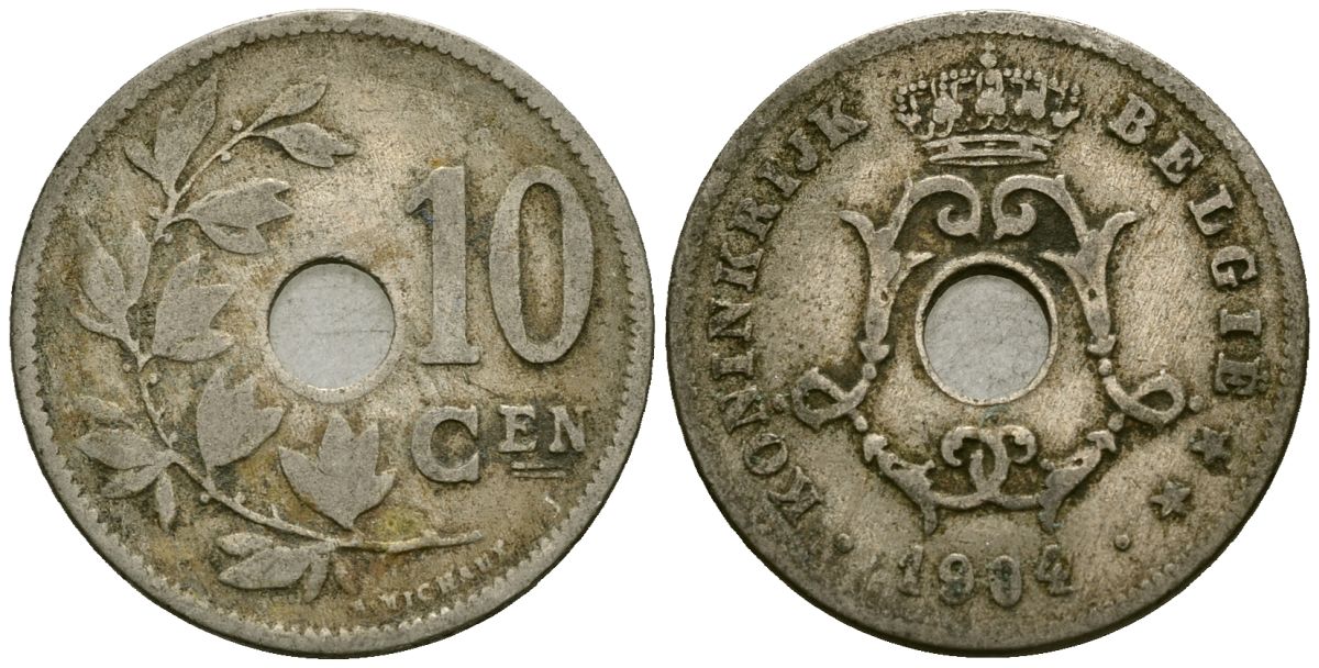 Бельгия 10 сантимов 1904 Belgie KM 53 медно-никель 4172-1157