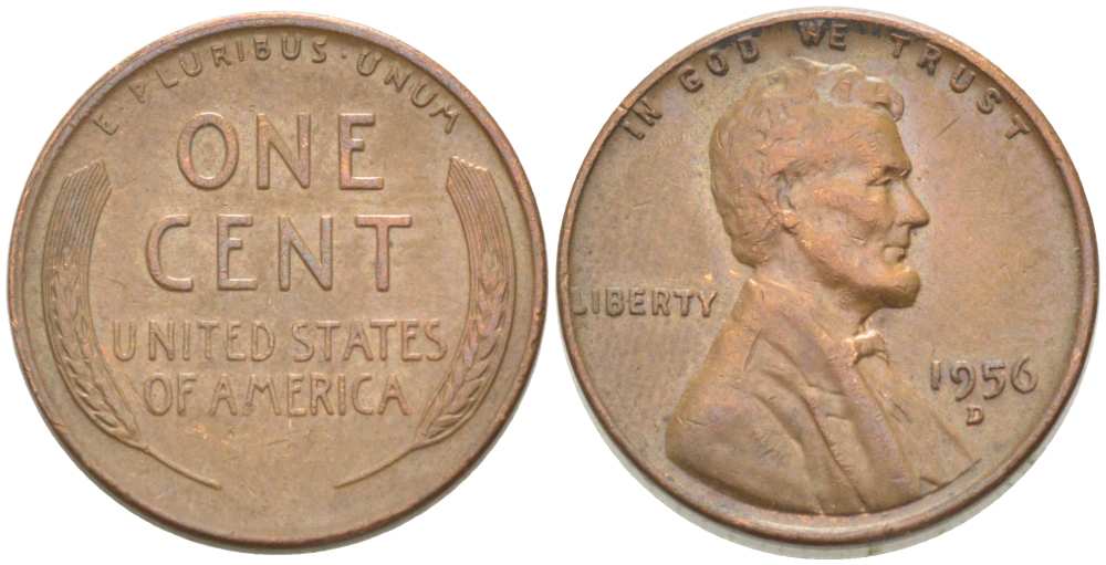 США 1 ЦЕНТ 1956 D, ЛИНКОЛЬН KM А132 медь цинк 218-666