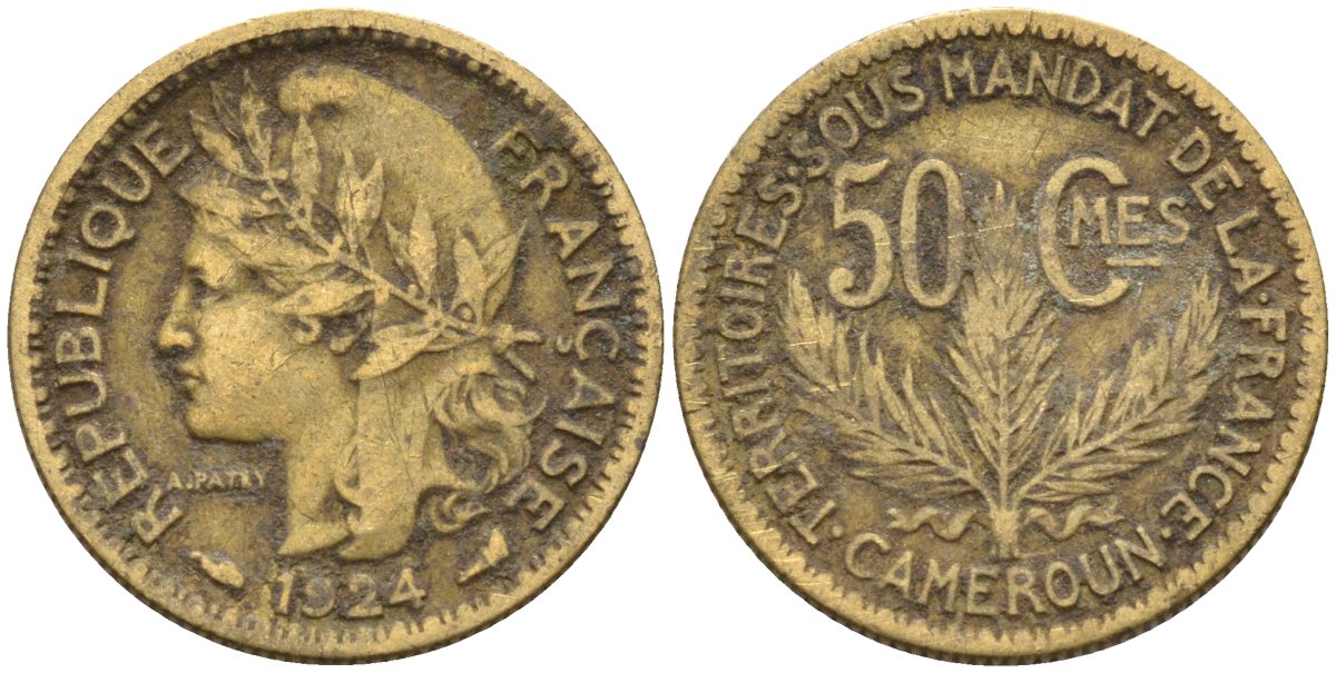 Французский Камерун 50 сантимов 1924 (а), монетный двор Париж KM 1 алюминиевая бронза 4164-1157