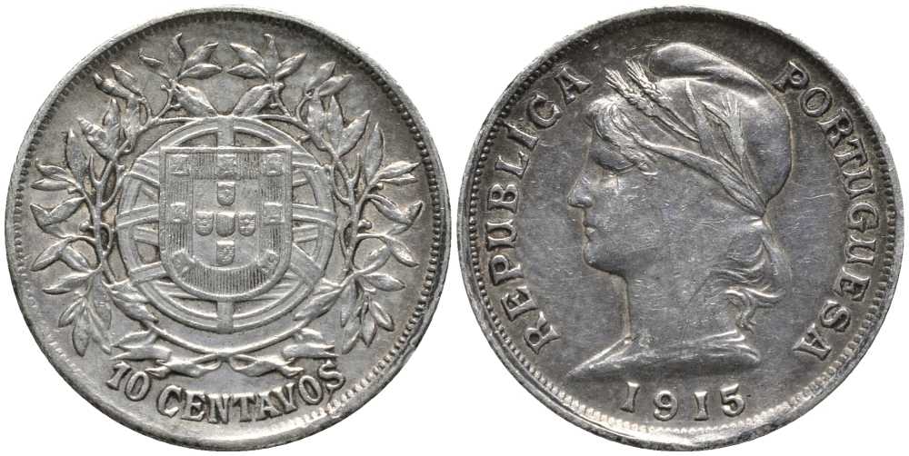 ПОРТУГАЛИЯ 10 СЕНТАВО 1915 РЕСПУБЛИКА, ПРОБА 835, ВЕС 2,49 ГР. КМ 563 серебро 201-1038