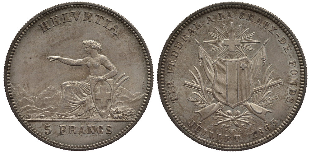 Швейцария 5 франков 1863 стрелковый фестиваль - Ла-Шо-де-Фон KM S7 серебро aUNC 00-817-63