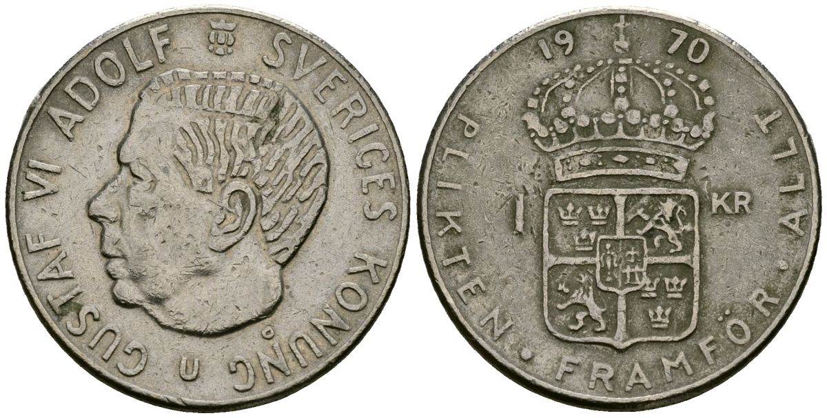 Швеция 1 крона 1970 Густав VI Адольф (1950-1973) KM 826a медь плакированная медно-никелем 4167-445