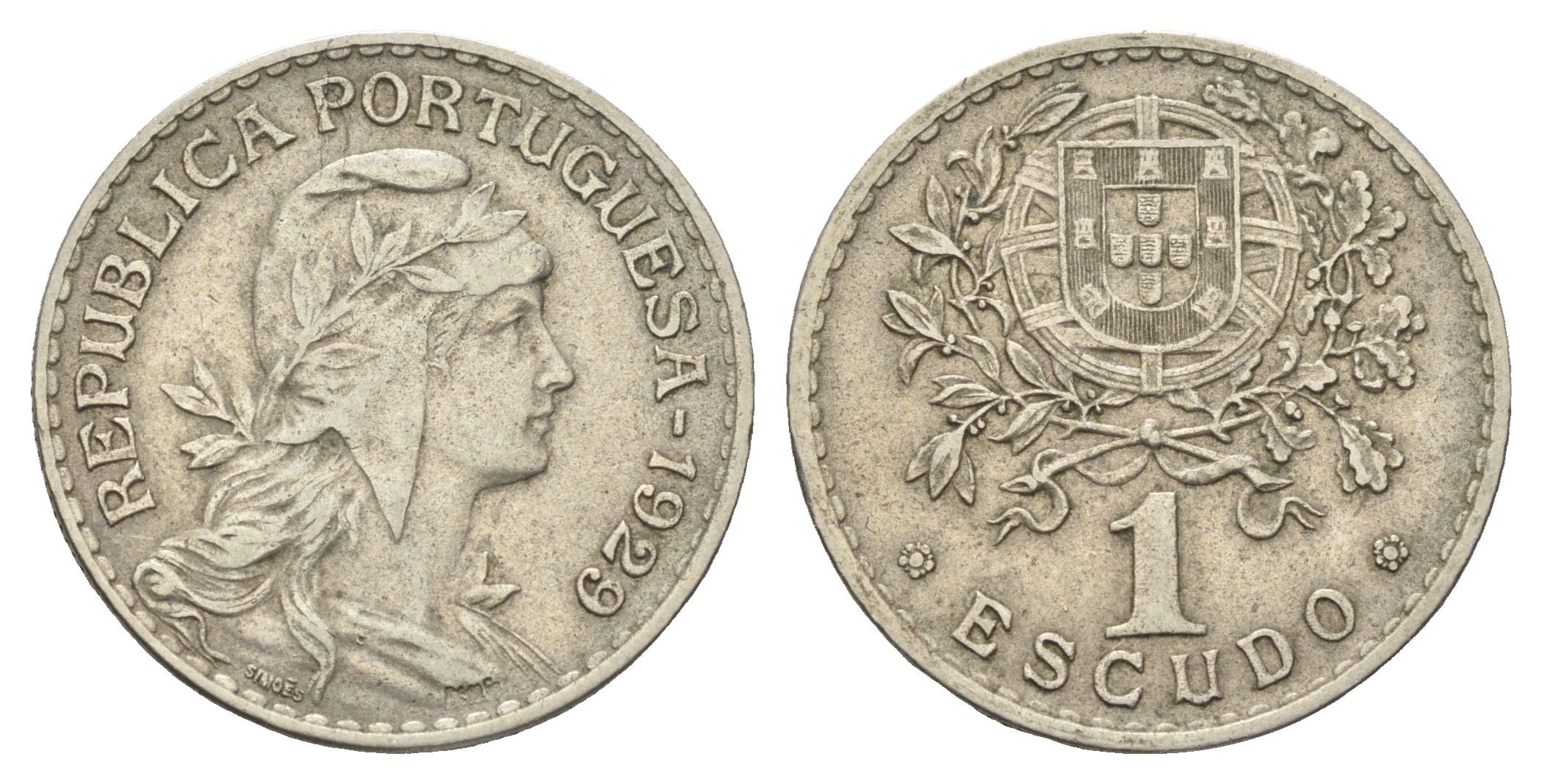 Португалия 1 эскудо 1929 голова Свободы вправо KM 578 никель латунь 4660-343
