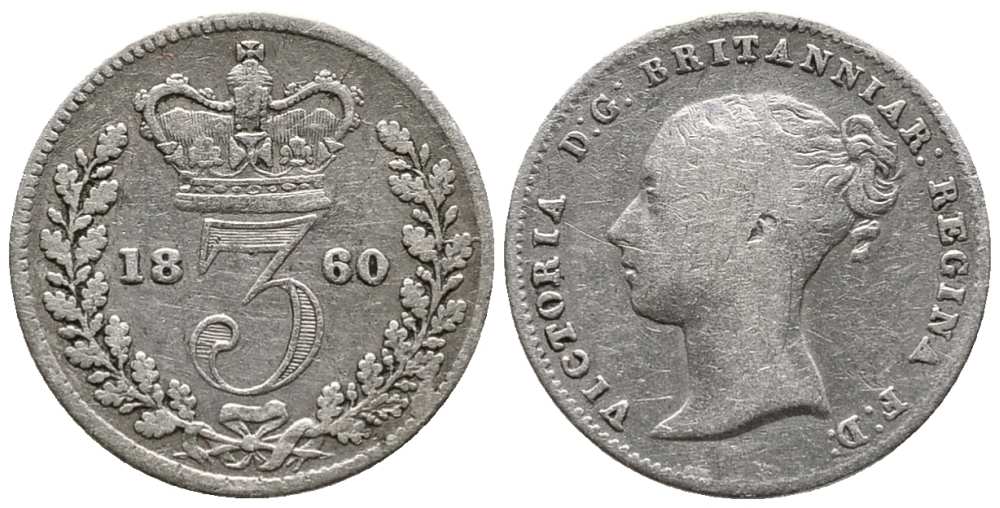 Великобритания 3 пенса 1860 Виктория (1837-1901) KM 730, Spink 3914 серебро  1518-1211