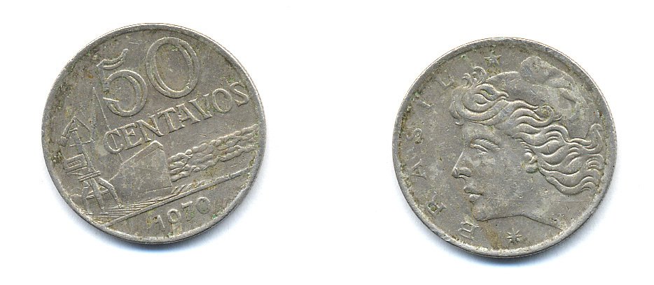 Бразилия 50 сентаво 1970 голова свободы влево KM 580a медно-никель 76-645