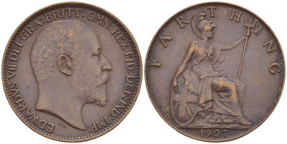 Великобритания 1 фартинг 1907 Эдуард VII (1901-1910), KM 792, Spink 3992 бронза 4543-957