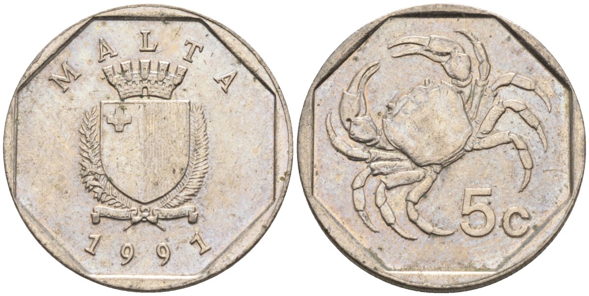 Мальта 5 центов 1991 краб KM 95 медно-никель 4588-117