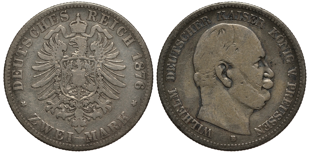 Пруссия 2 марки 1876 B, Вильгельм I (1861-1888) Weege 96, J. 96, KM 506 серебро 3711-641