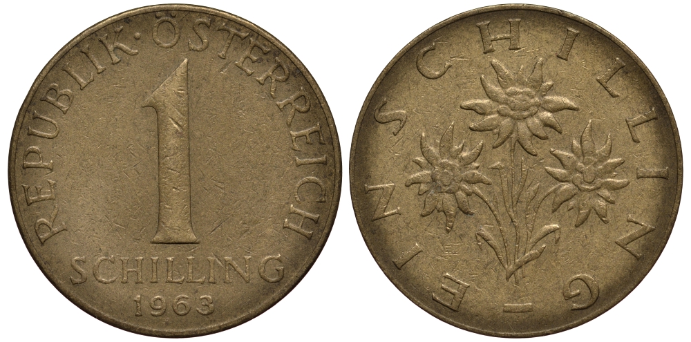 АВСТРИЯ 1 ШИЛЛИНГ 1963 KM 2886 алюминиевая бронза 4182-324