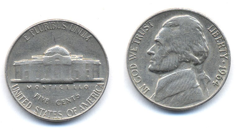 США 5 ЦЕНТОВ 1964 ДЖЕФФЕРСОН KM A192 медно-никель 35-1349