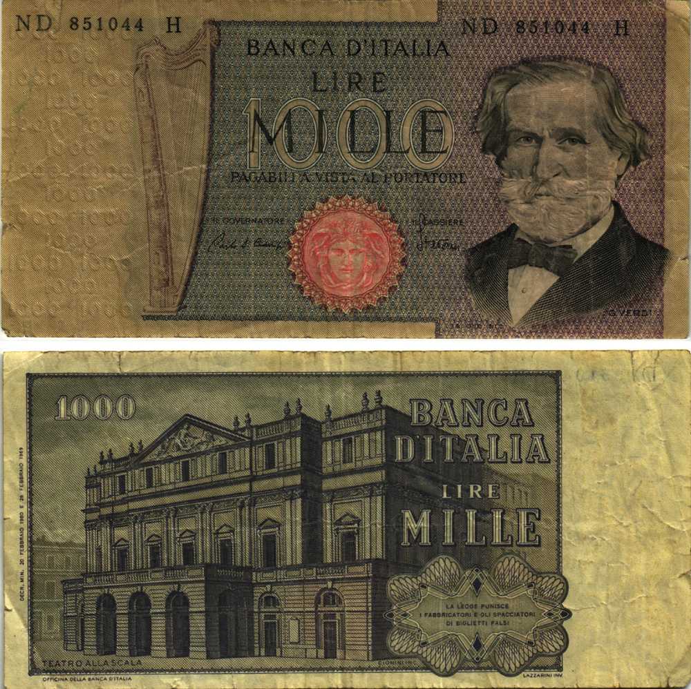 Италия 1000 лир 1980 20 февраля 1980 Джузеппе Верди, Милин Ла Скала Pick 101g бумага 8611-11-1
