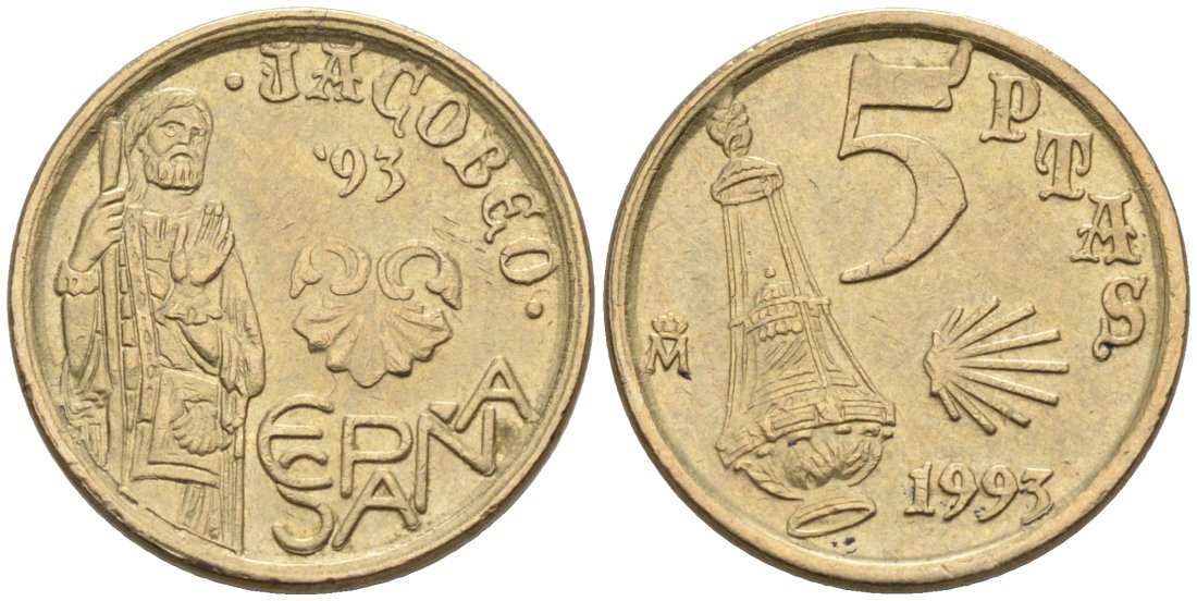 Испания 5 песет 1993 JACOBEO, СВЯТОЙ ЯКОБ, Хуан Карлос I (1975-) KM 919 никель латунь 4567-451