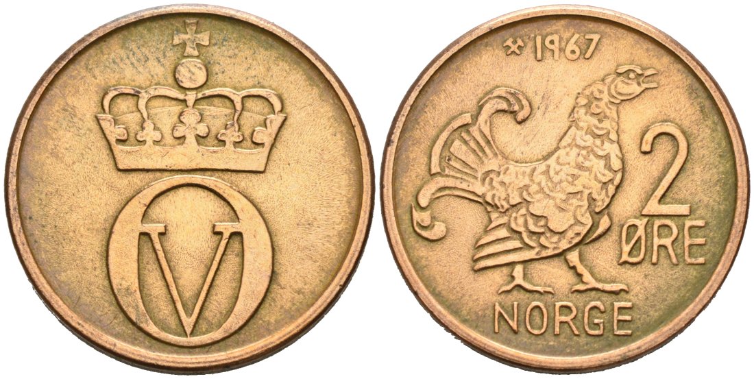 Норвегия 2 эре 1967 глухарь, Улаф V (1958-1991) KM 410бронза 4571-354