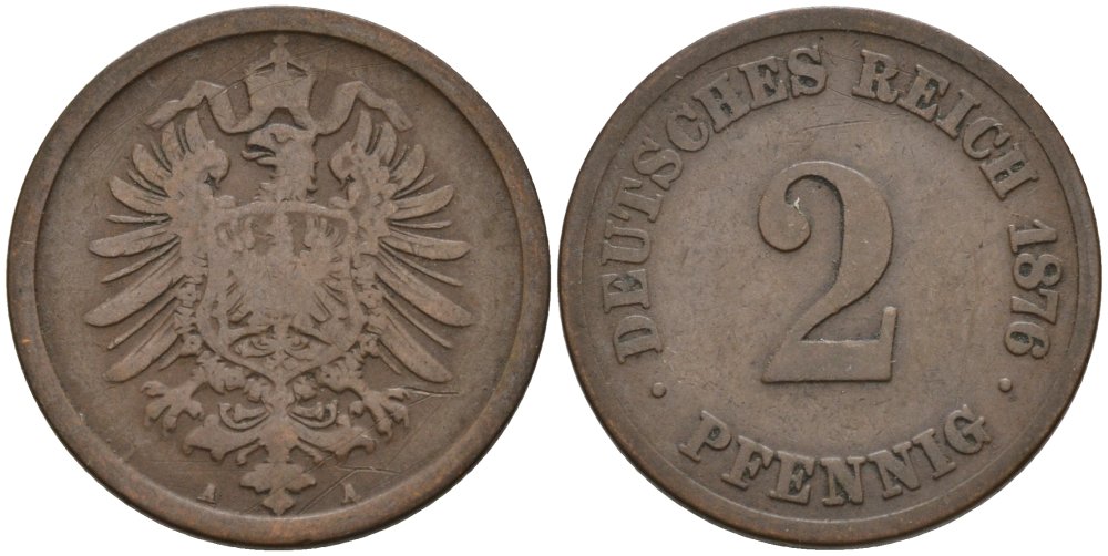 Германия 2 пфеннига 1876 A, старогербовка KM 2, J. 2 медь 4575-656