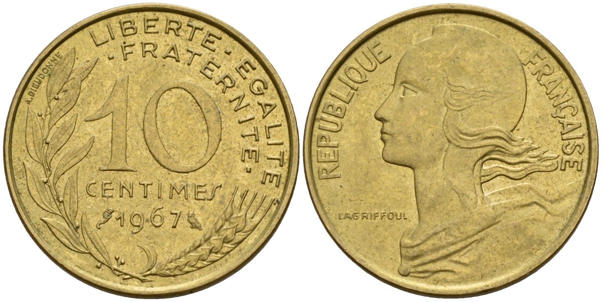 Франция 10 сантимов 1967 KM 929 алюминиевая бронза 4152-435
