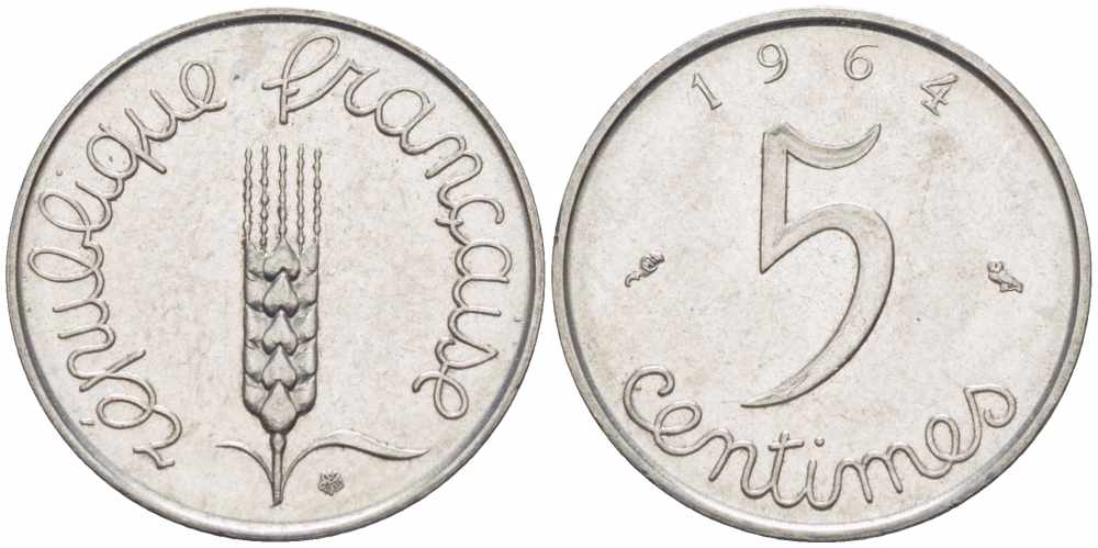 ФРАНЦИЯ 5 САНТИМОВ 1964 ПЯТАЯ РЕСПУБЛИКА KM 927, LE FRANC 124.6 хромированная сталь 105-438
