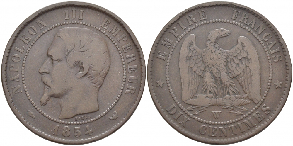ФРАНЦИЯ 10 САНТИМОВ 1854 W, НАПОЛЕОН III (1852-1870) KM 771.7, LE FRANC 133.17 бронза 114-726