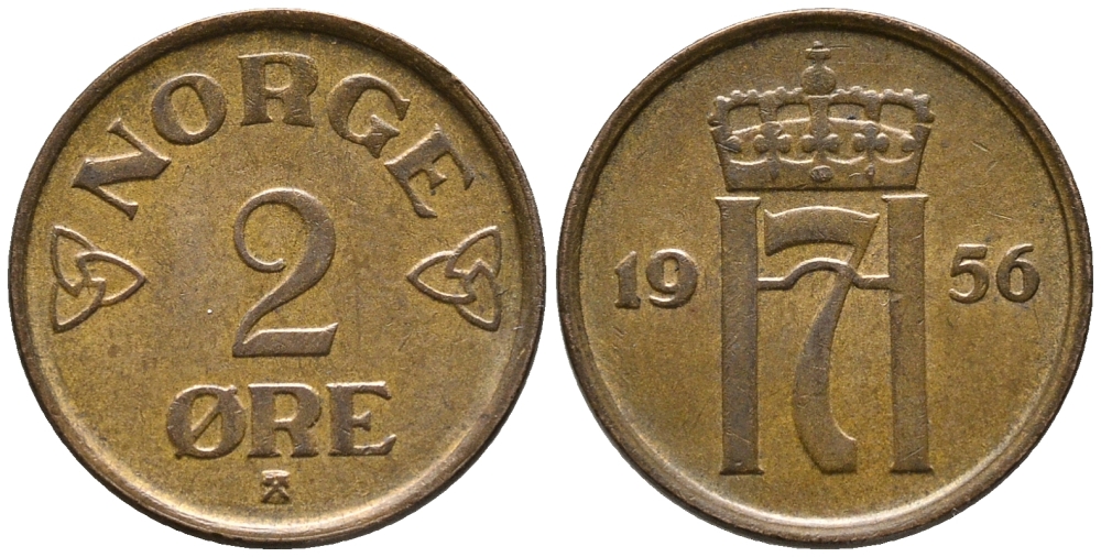 НОРВЕГИЯ 2 ЭРЕ 1956 ХОКОН VII (1905-1957) KM 399 бронза 67-131