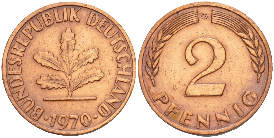 ФРГ 2 ПФЕННИГА 1970 G KM 106a, J.381a сталь плакированная сталь плакированная медьюю 4532-1258