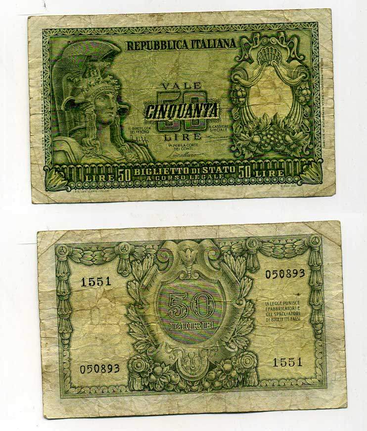 Италия 50 лир 1951 Афина Pick 91a бумага 450-82-1