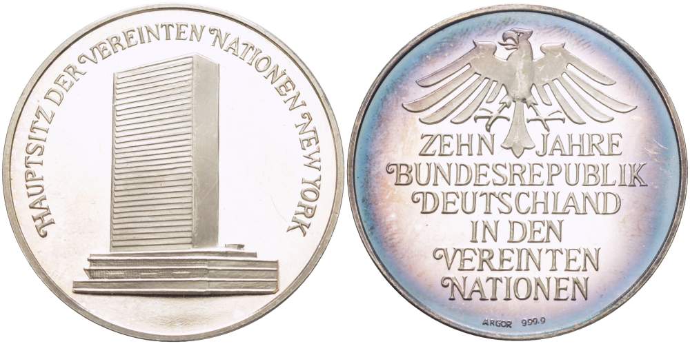 Германия медаль 1983 десть лет вступлению Германии в ООН, здание штаб квартиры ООН в Нью-Йорке, димаметр 33 мм, вес 14,5 гр серебро PROOF 4527-535