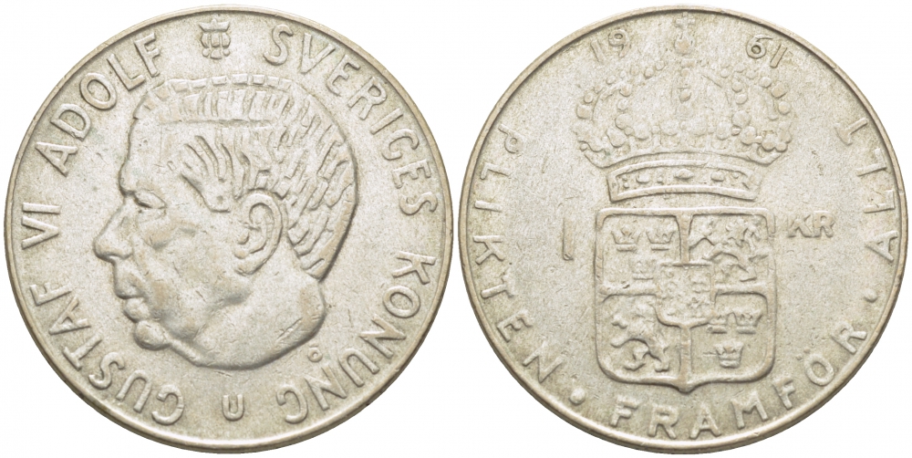 Швеция 1 крона 1961 TS, Густав VI Адольф (1950-1973) KM 826 серебро 175-1131