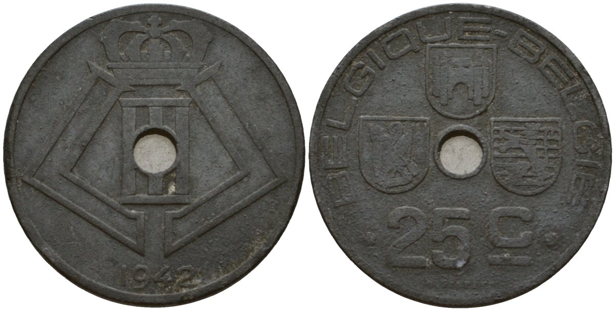 Бельгия 25 сантимов 1942 Belgique - Belgie KM 131 цинк 33-1157