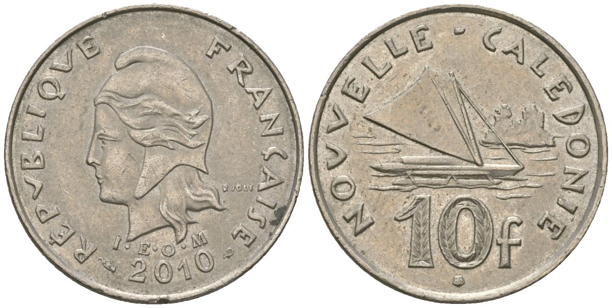 Французская Новая Каледония 10 франков 2010 рыбачья парусная лодка, (IEOM) KM 11a, Schoen 13a, Lec 99k медно-никель 63-411