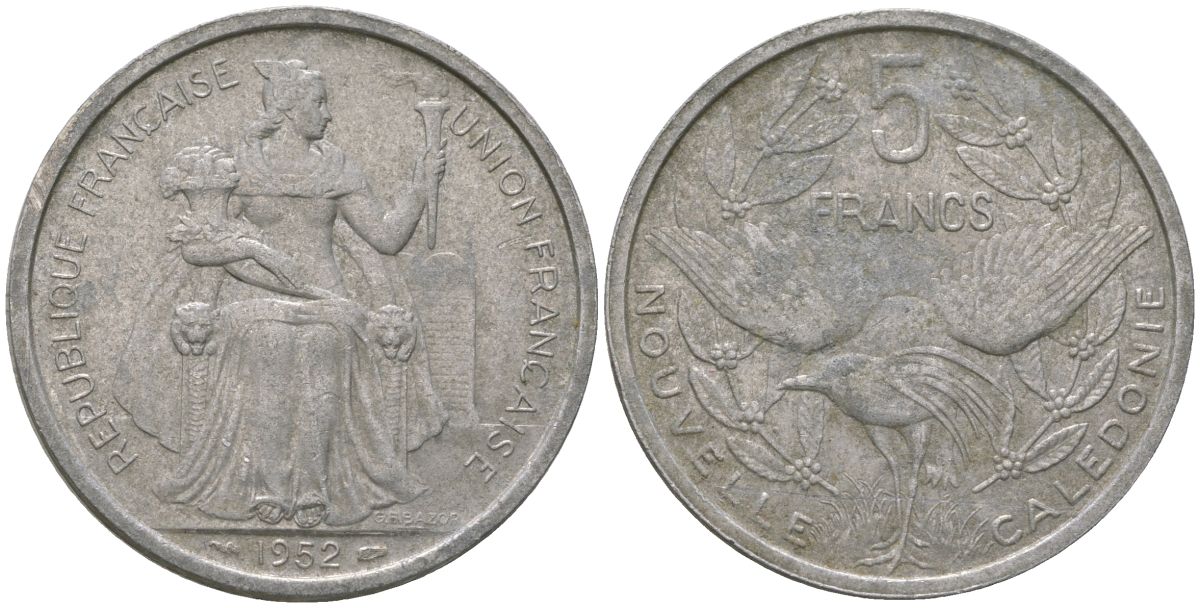 Французская Новая Каледония 5 франков 1952 птица кагу, (IEOM) KM 4, Schoen 4, Lec 71 алюминий 180-224