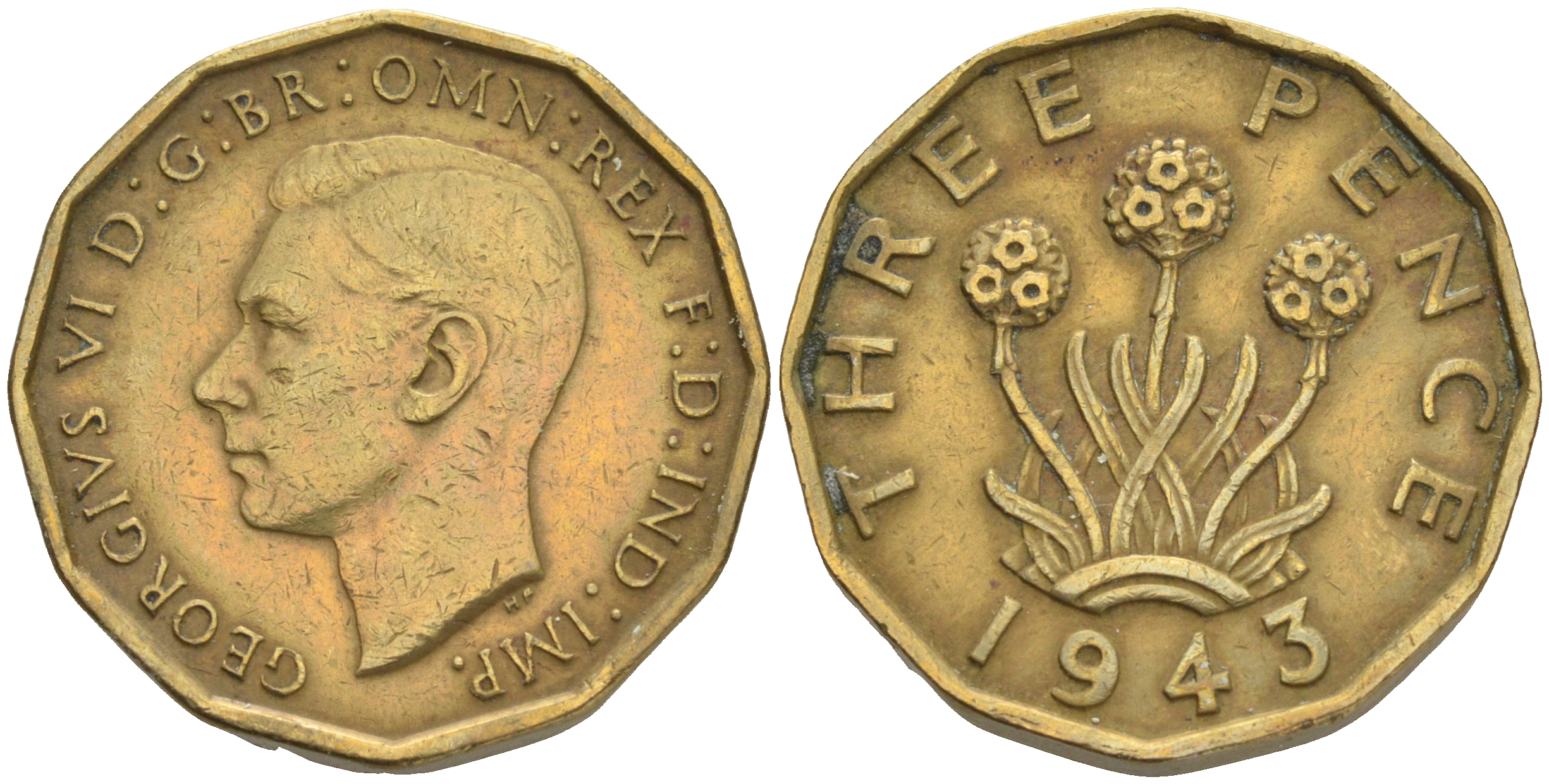 Великобритания 3 пенса 1943 Георг VI (1936-1952) KM 849, Spink 4112 никель латунь 4561-611