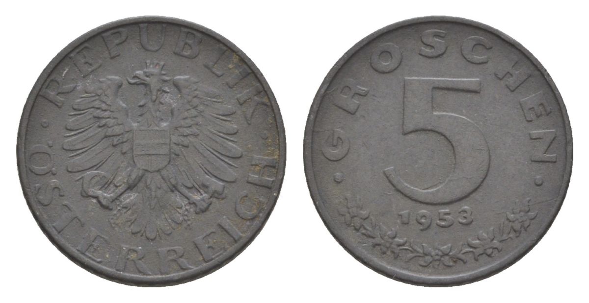 Австрия 5 грошей 1953 KM 2875 цинк 4632-639