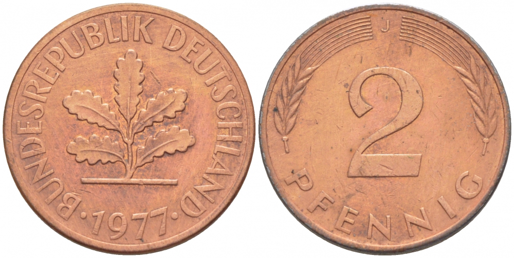 ФРГ 2 пфеннига 1977 J KM 106а, J.381а сталь плакированная медью 4396-1568