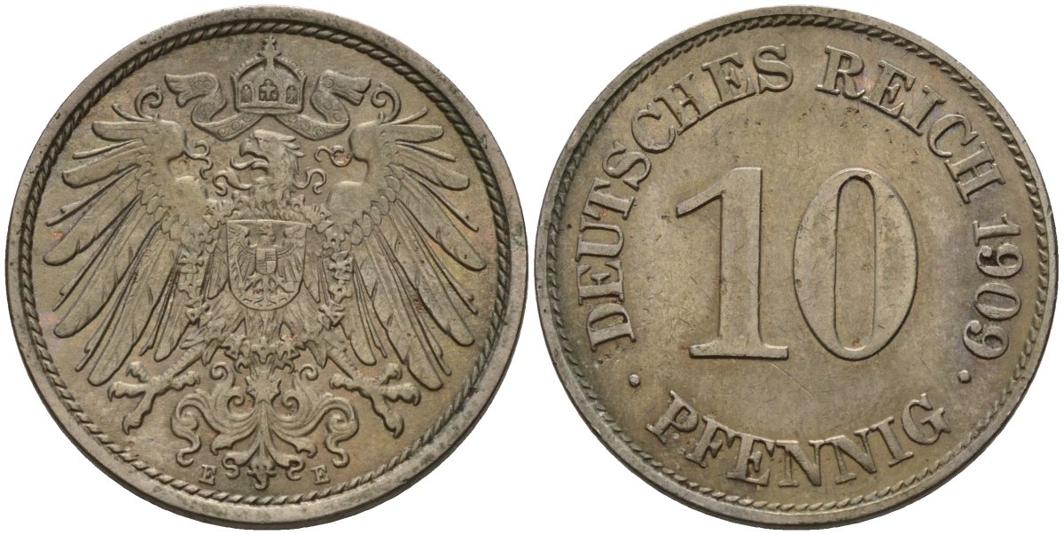 Германия 10 пфеннигов 1909 E KM 12, J. 13 медно-никель 3336-1122