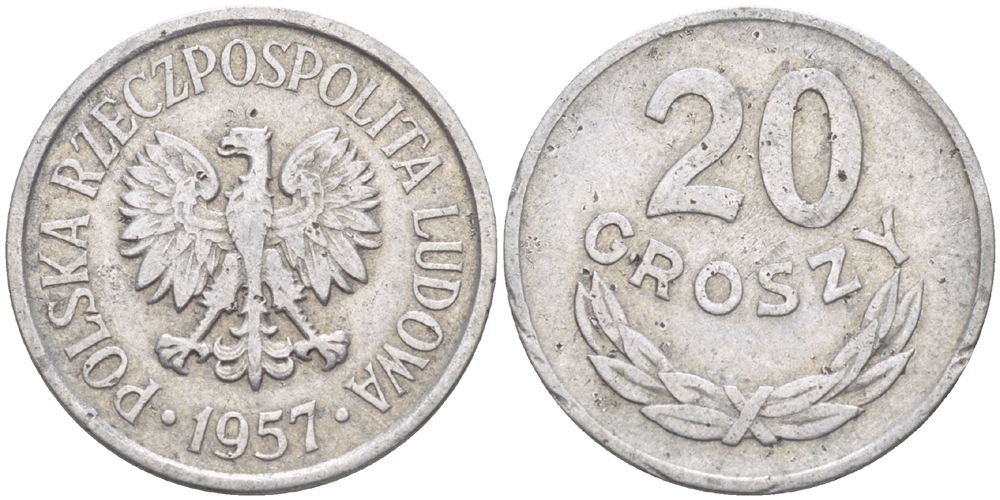 ПОЛЬША 20 ГРОШЕЙ 1957 MW, РЕДКИЙ ГОД KM А47, Parchimowicz 208a алюминий 216-925